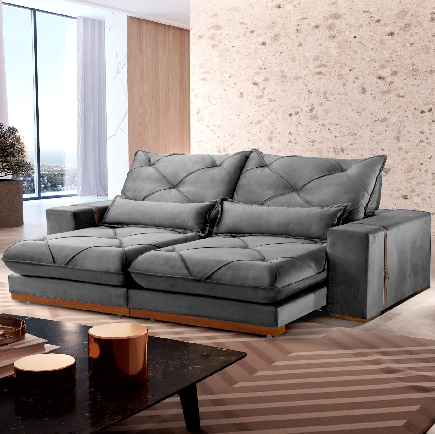 Sofá Retrátil e Reclinável Luanda/Isabella/Barcelona 2,50 m Veludo Grafite – TREVO ESTOFADOS - Imagem 2