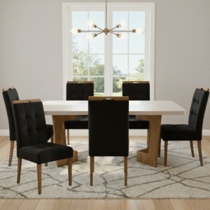 Mesa Liz 160 (Tampo 40 mm) Cinamomo/Off White com 6 Cadeiras Sophia Veludo Preto – VALDEMÓVEIS + WM DECOR