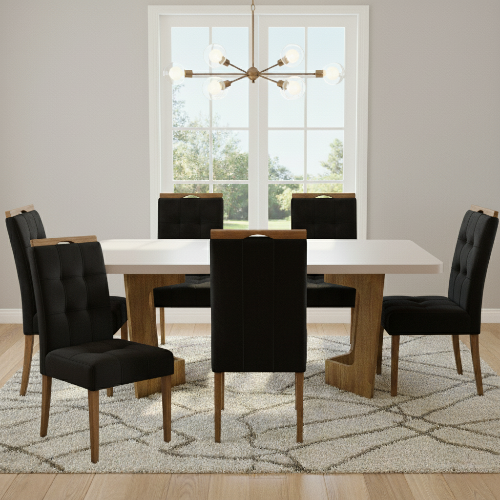 Mesa Liz 160 (Tampo 40 mm) Cinamomo/Off White com 6 Cadeiras Sophia Veludo Preto – VALDEMÓVEIS + WM DECOR