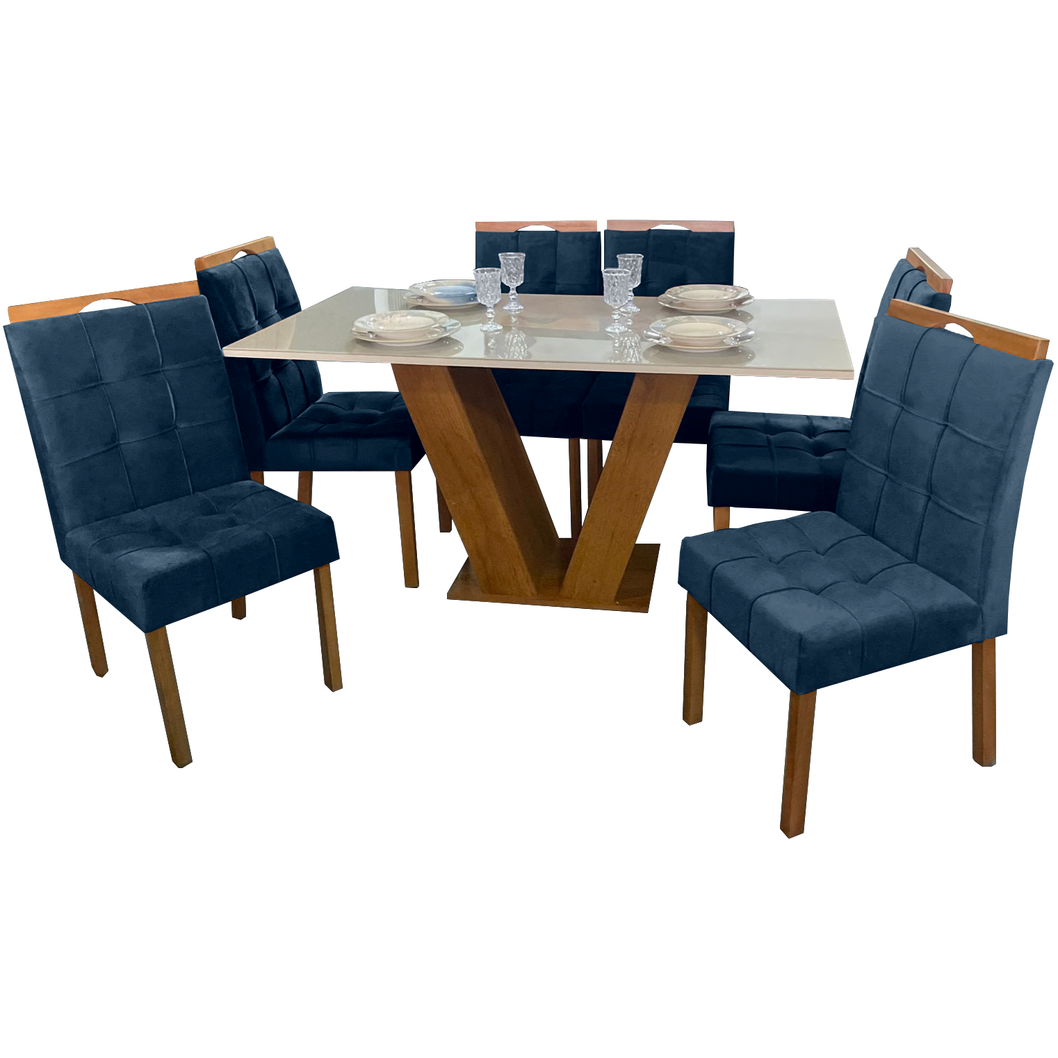 Mesa Classic 160 Cinamomo/Off White com 6 Cadeiras Sophia Mel/Veludo Azul – CEL MÓVEIS + WM DECOR - Imagem 3