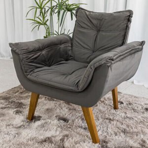Poltrona Pérola Base Fixa Veludo Cinza