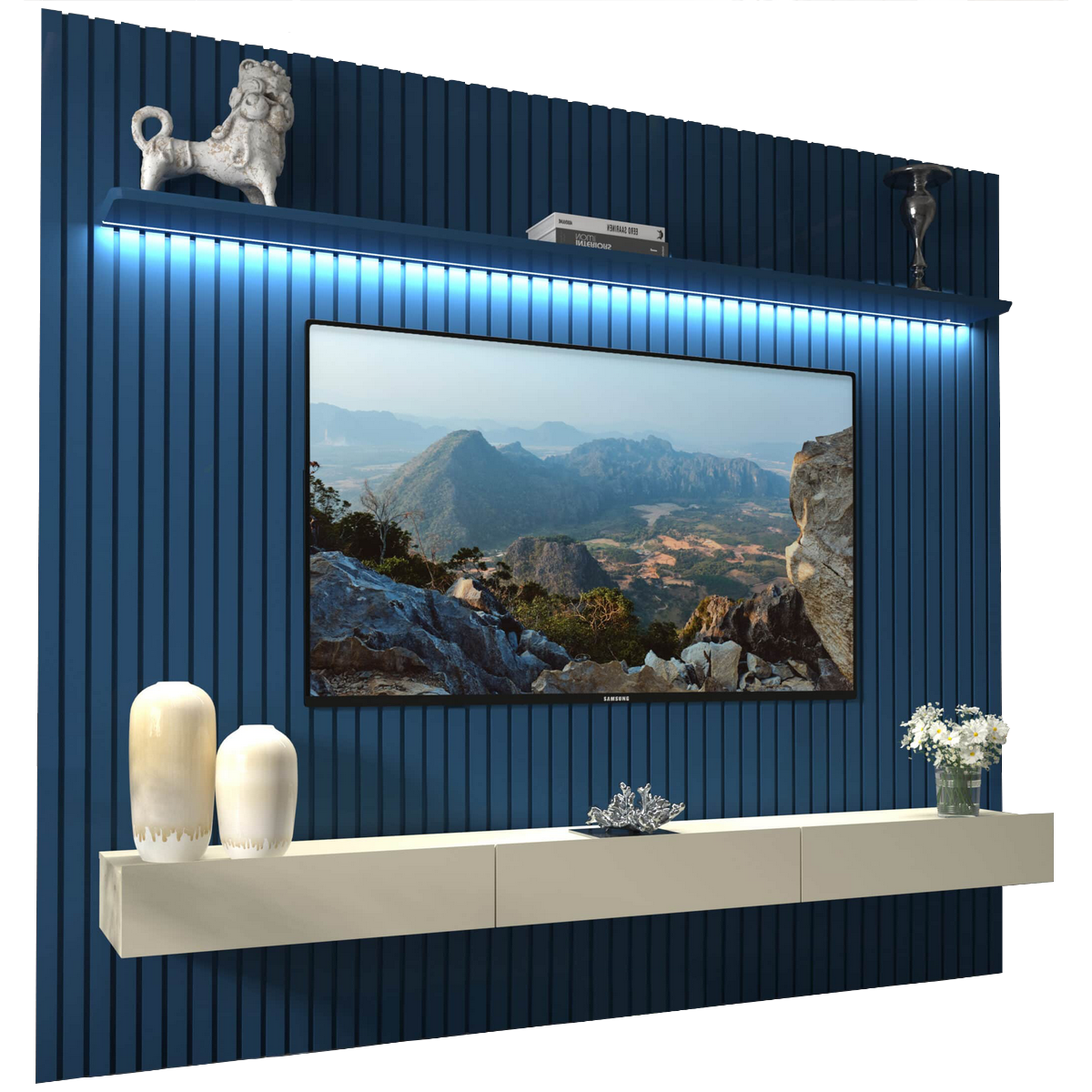 Home até 85" Nobre Ripado 230(Com Nicho) Azul/Off White - GELIUS - Imagem 2