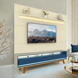 Painel até 85″ Royal 220 Off White + Rack Requinte 212 Off White /Azul – GELIUS