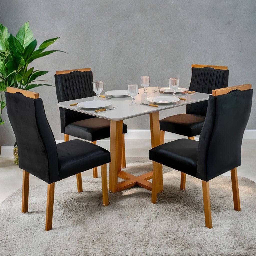 Mesa Pedro 120 Mel/Off White com 4 Cadeiras Gênova Veludo Preto – ART ASSENTOS