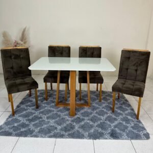 Mesa Pedro 120 Mel/Off White com Cadeiras Sophia/Capri Mel/Veludo Marrom – ART ASSENTOS + WM DECOR