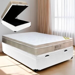 Colchão Casal Airtech Springpocket + Base Box Baú Corino Branco – ORTOBOM + ALTO NÍVEL CAMAS E COLCHÕES