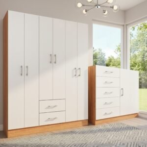 Guarda-Roupa 6 Portas Jamaica 6002 + Cômoda 5 Gavetas Sapateira Miami Cinamomo/Off White – FELLICCI