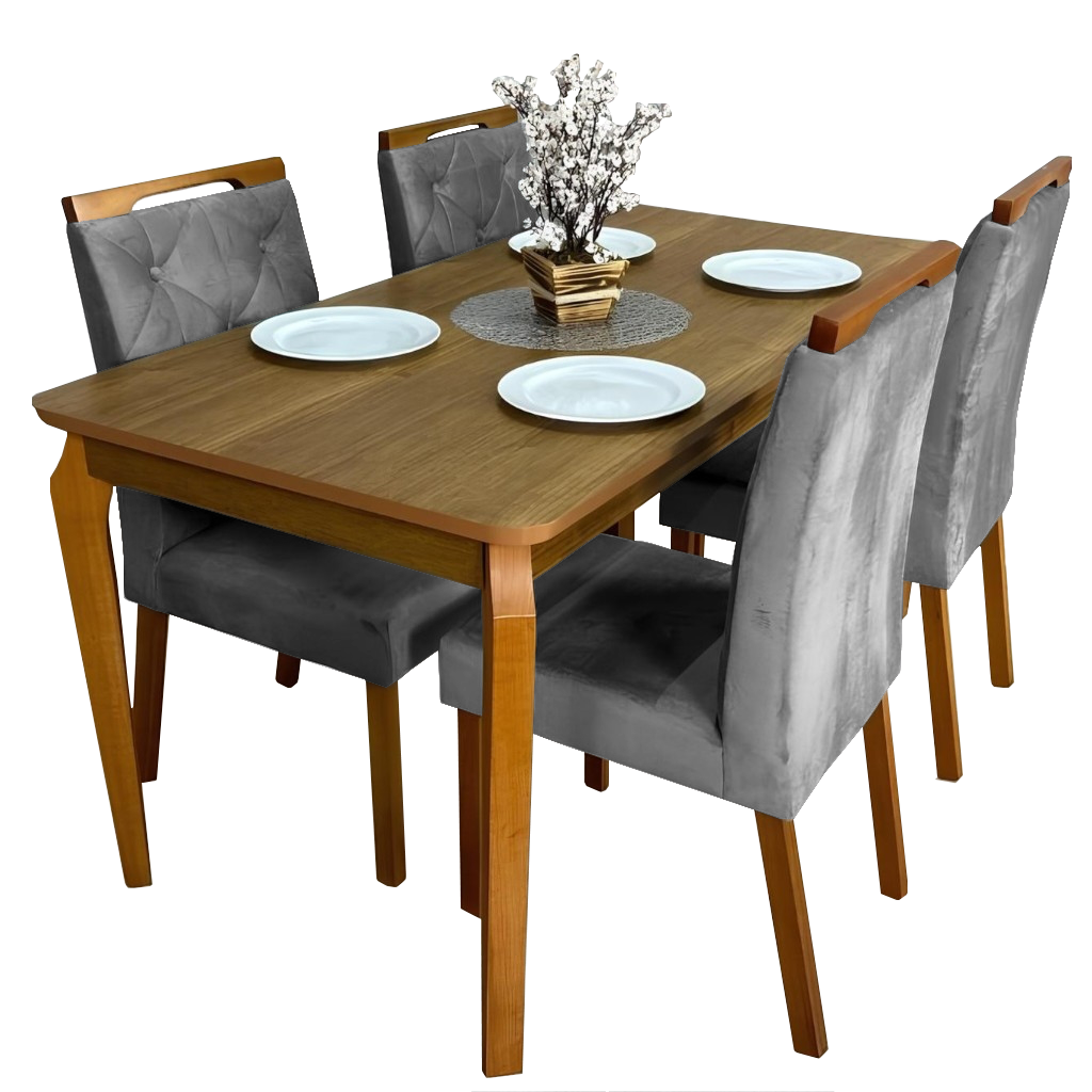 Mesa Alegra 120 Cinamomo com 4 Cadeiras Yasmim Veludo Cinza Grafite – JCM MOVELARIA + KM DECOR - Imagem 3