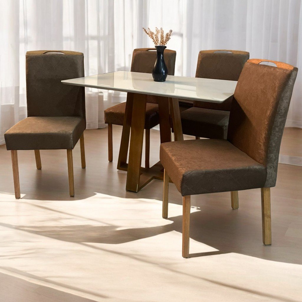 Mesa Pedro 120 Mel/Off White com 4 Cadeiras Priscila Imbuia Mel Veludo Marrom 1014 – ART ASSENTOS + AVALON DECOR