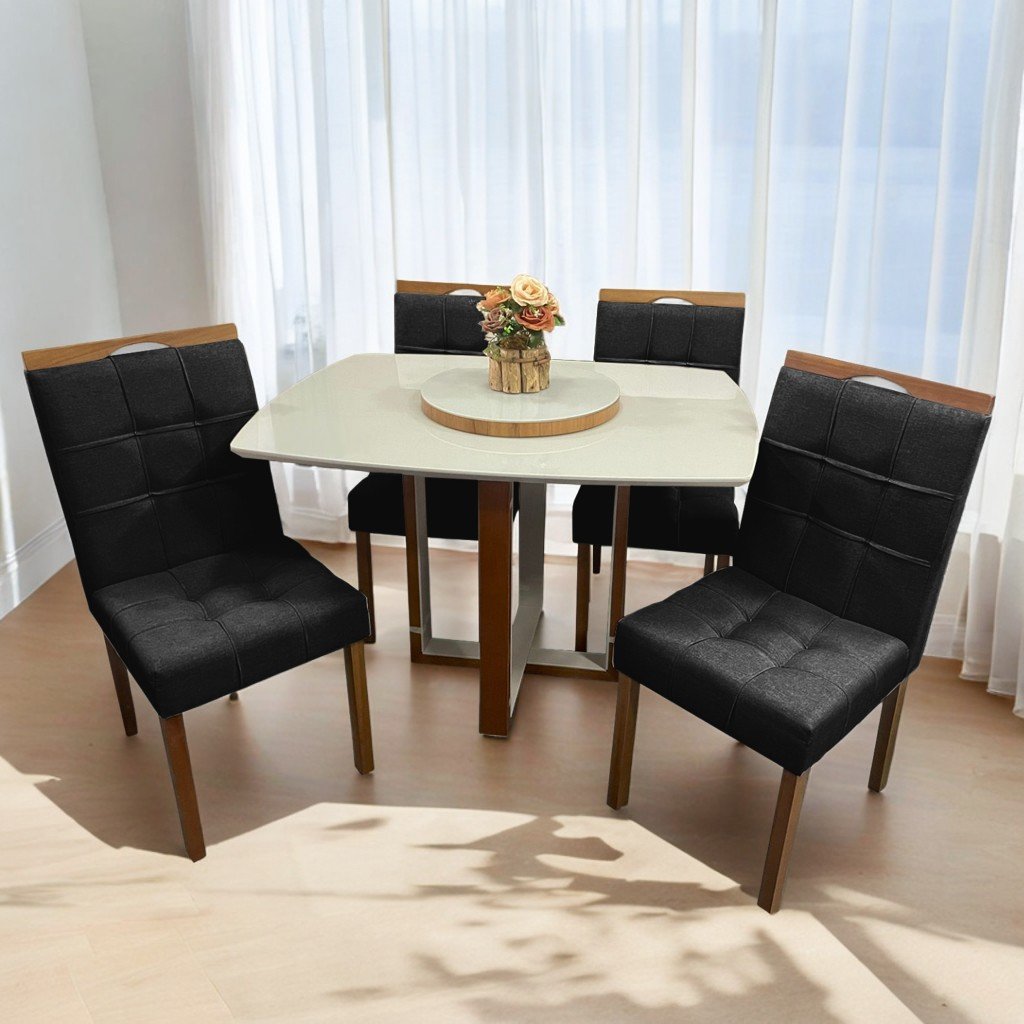 Mesa Atlas Mel/Off White Canto Barril 120×90 com 4 Cadeiras Sophia Mel/Veludo Preto – ART ASSENTOS + WM DECOR