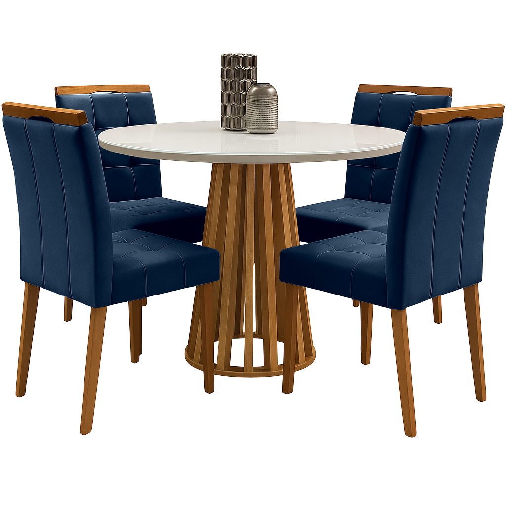 Mesa Redonda Berlim 100 Cinamono/Off White com 4 Cadeiras Sophia Veludo Azul – CEL MÓVEIS + WM DECOR - Imagem 4