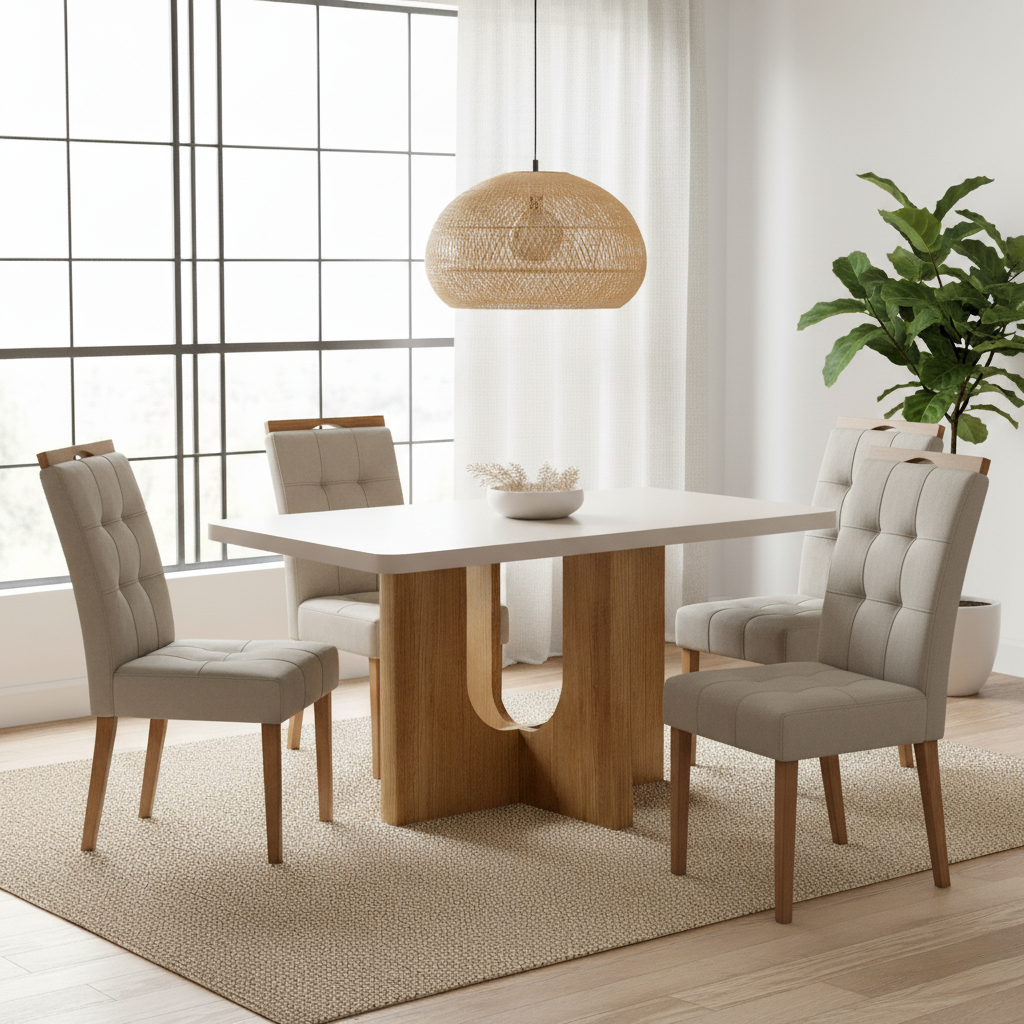 Mesa Dora 120 (Tampo 40 mm) Cinamomo/Off White com 4 Cadeiras Sophia Veludo Bege – VALDEMÓVEIS + WM DECOR