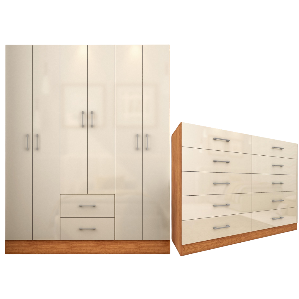 Guarda-Roupa 6 Portas Jamaica 6002 + Cômoda 10 Gavetas Caribe Cinamomo/Off White – FELLICCI - Imagem 3