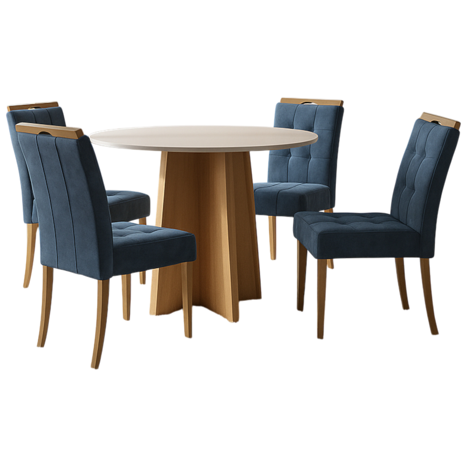 Mesa Redonda Celebrare 100 Amêndoa Clean/Off White com 4 Cadeiras Sophia Veludo Azul – LOPAS + WM DECOR - Imagem 3