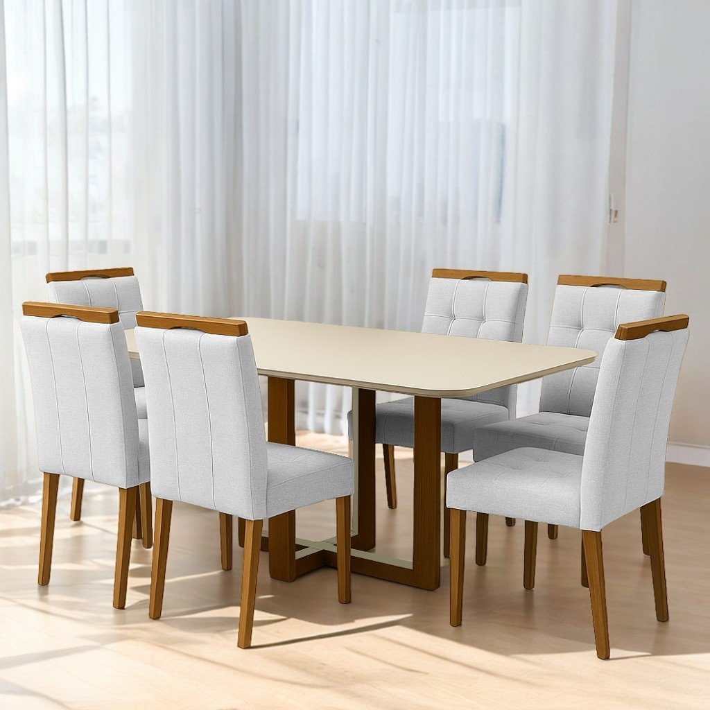 Mesa Atlas Mel/Off White Canto Copo 160×80 com 6 Cadeiras Sophia Linho Cinza Prata 206 – ART ASSENTOS + WM DECOR