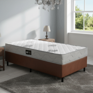 Colchão Solteiro Confort Premium D28 + Base Box Simples Corino Marrom – INOVAFLEX + ALTO NÍVEL CAMAS E COLCHÕES