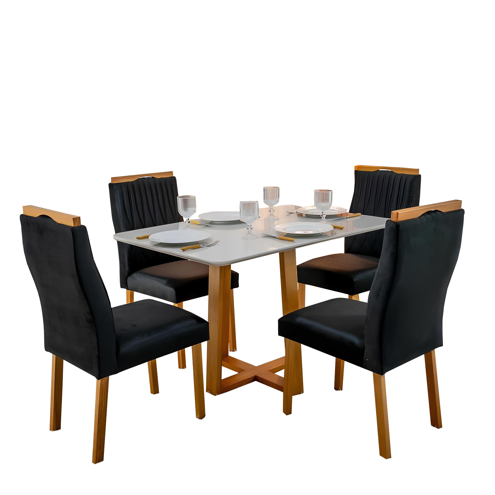 Mesa Pedro 120 Mel/Off White com 4 Cadeiras Gênova Veludo Preto – ART ASSENTOS - Imagem 3