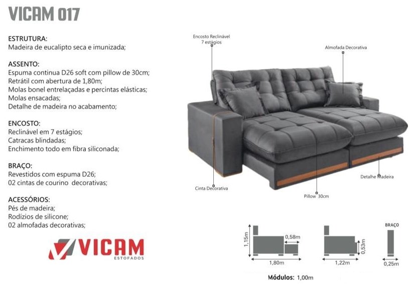 Sofá Retrátil e Reclinável Ártemis 017 2,50 m Veludo Azul - VICAM ESTOFADOS - Imagem 2