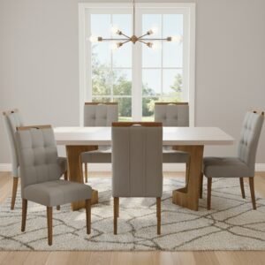Mesa Liz 160 (Tampo 40 mm) Cinamomo/Off White com 6 Cadeiras Sophia Veludo Bege – VALDEMÓVEIS + WM DECOR