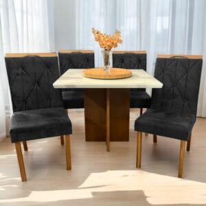 Mesa Salinas/Helô/Los Angeles 120 Cinamomo/Off White com 4 Cadeiras Yasmim Veludo Preto – CEL MÓVEIS + KM DECOR