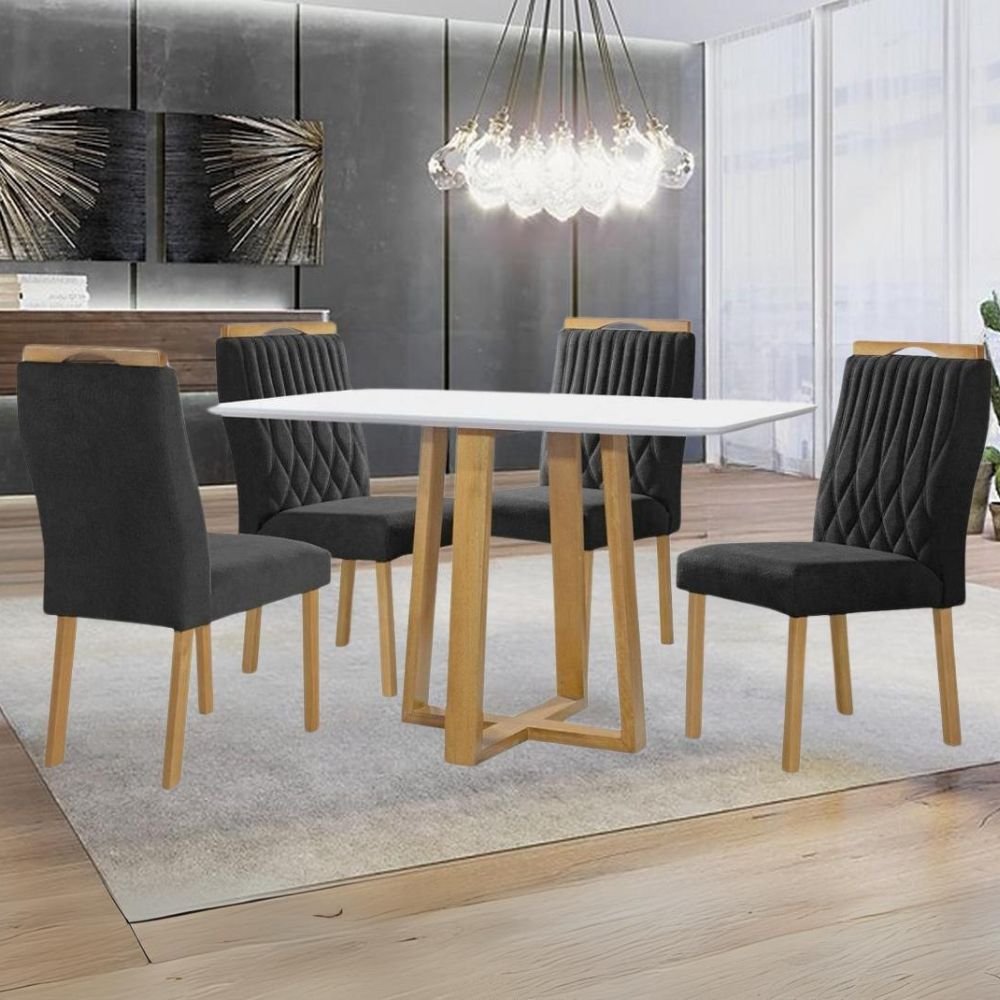 Mesa Pedro 120 Mel/Off White com 4 Cadeiras Gênova Veludo Preto – ART ASSENTOS - Imagem 2