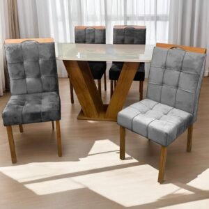 Mesa Classic 120 Cinamomo/Off White com 4 Cadeiras Sophia Mel/Veludo Cinza Grafite – CEL MÓVEIS + WM DECOR