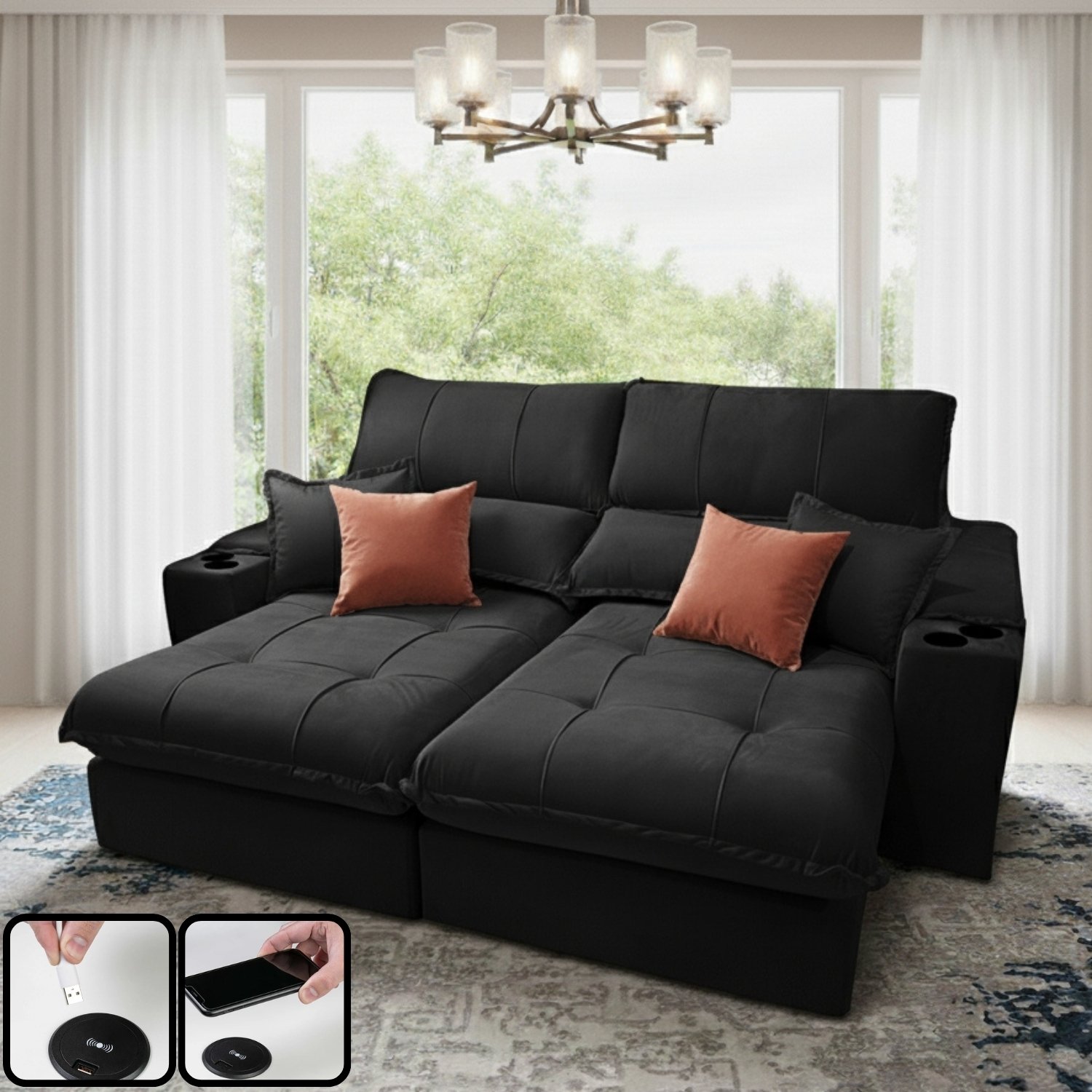 Sofá Retrátil e Reclinável Afrodite Slim 2,50 m Veludo Preto 111 – ZARAT ESTOFADOS