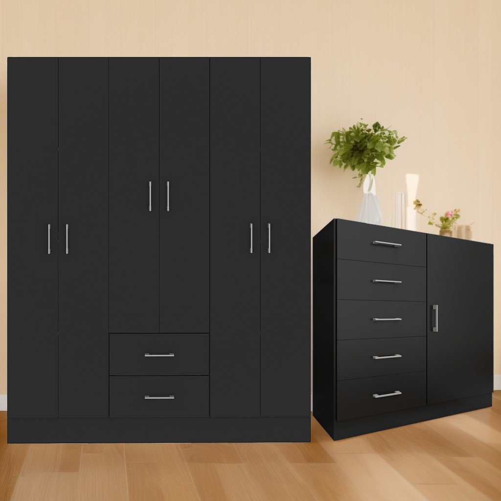 Guarda-Roupa 6 Portas Jamaica 6002 + Cômoda 5 Gavetas Sapateira Miami Preto - FELLICCI - Imagem 2