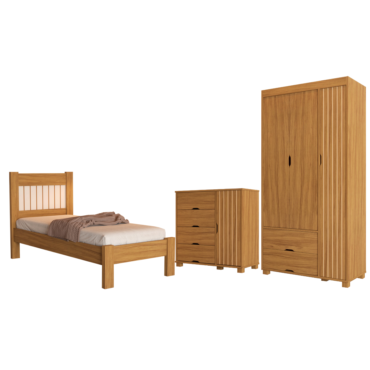 Guarda-Roupa 3 Portas + Cômoda 4 Gavetas com Sapateira + Cama Solteiro Bela Nature - MADEC/VJ MÓVEIS - Imagem 4