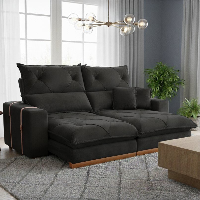 Sofá Retrátil e Reclinável Gran Bello Light 2,00 m Veludo Preto - QUINE ESTOFADOS