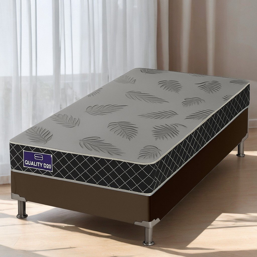 Colchão Solteiro Quality D20 12 cm 0,88 m + Base Box Simples Corino Marrom – ORTHOPRIME + ALTO NÍVEL CAMAS E COLCHÕES