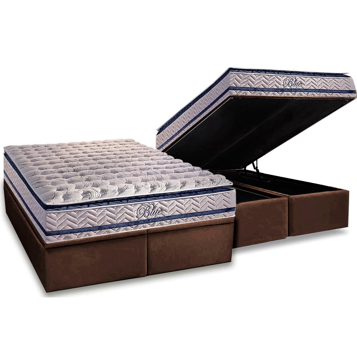 Colchão Queen Blue + Base Box Baú Corino Marrom – PAROPAS + ALTO NÍVEL CAMAS E COLCHÕES