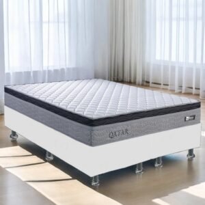 Colchão Queen Qatar D28 + Base Box Simples Corino Branco – DESIGN COLCHÕES + ALTO NÍVEL CAMAS E COLCHÕES