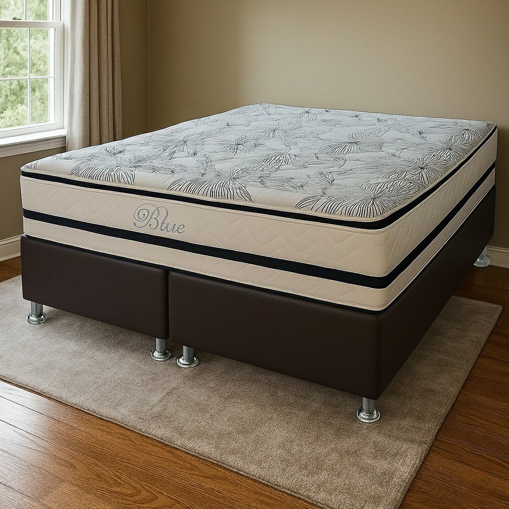 Colchão Queen Blue D33 + Base Box Simples Corino Marrom – PAROPAS + ALTO NÍVEL CAMAS E COLCHÕES