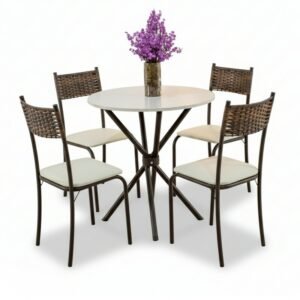 Mesa Atlanta Base Ipanema Marrom Tampo Redondo Pedra Off 75x75 4 Cadeiras Assento Creme - Teixeira