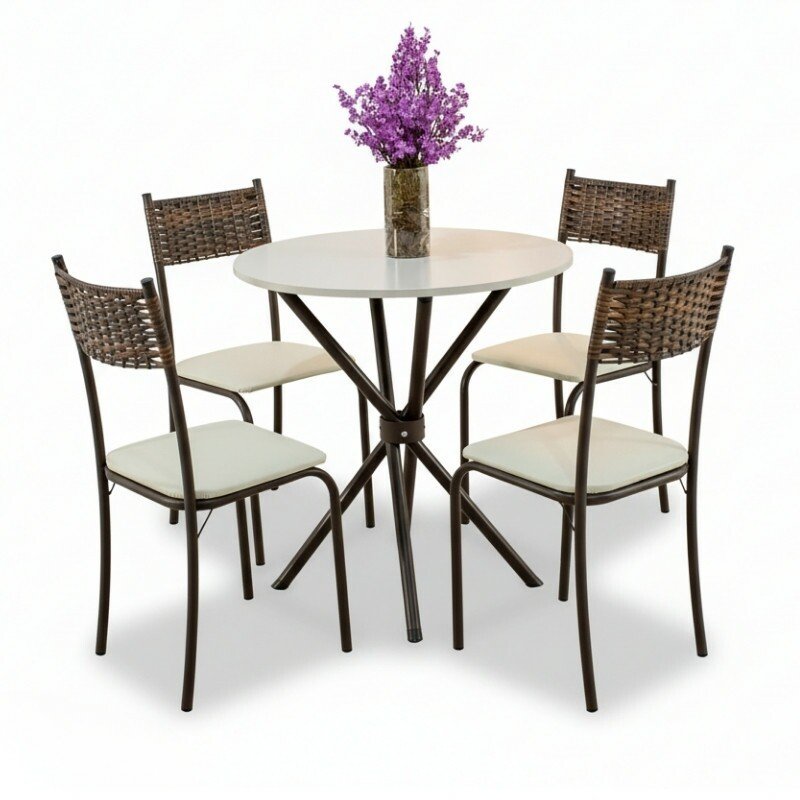 Mesa Atlanta Base Ipanema Marrom Tampo Redondo Pedra Off 75x75 4 Cadeiras Assento Creme - Teixeira