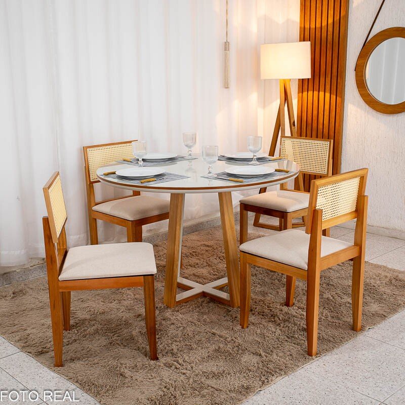 Mesa de Jantar Atlanta Redonda 120cm Cinamomo/Vidro Off 4 Cad. Santorini Linho Bege Madeira Maciça - Minas Plac