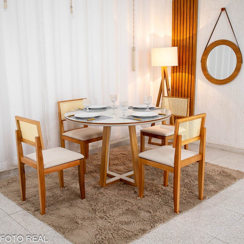 Mesa de Jantar Atlanta Redonda 120cm Cinamomo/Vidro Off 4 Cad. Santorini Linho Bege Madeira Maciça - Minas Plac - Imagem 3