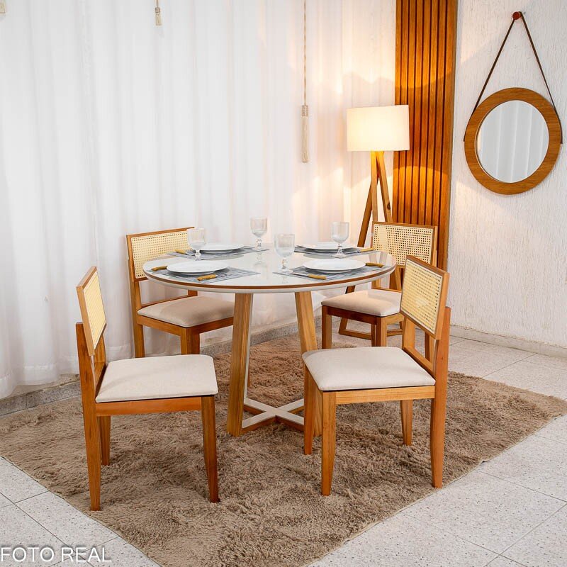Mesa de Jantar Atlanta Redonda 120cm Cinamomo/Vidro Off 4 Cad. Santorini Linho Bege Madeira Maciça - Minas Plac - Imagem 4