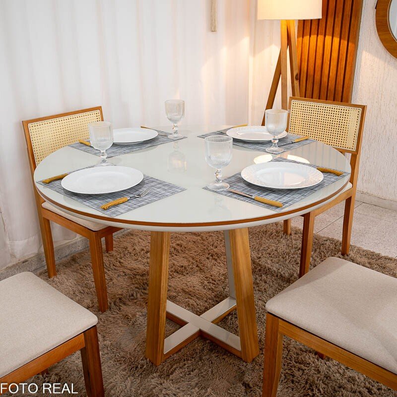 Mesa de Jantar Atlanta Redonda 120cm Cinamomo/Vidro Off 4 Cad. Santorini Linho Bege Madeira Maciça - Minas Plac - Imagem 2