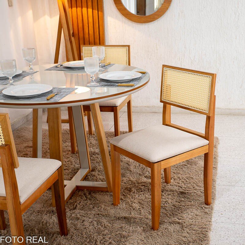 Mesa de Jantar Atlanta Redonda 120cm Cinamomo/Vidro Off 4 Cad. Santorini Linho Bege Madeira Maciça - Minas Plac - Imagem 5