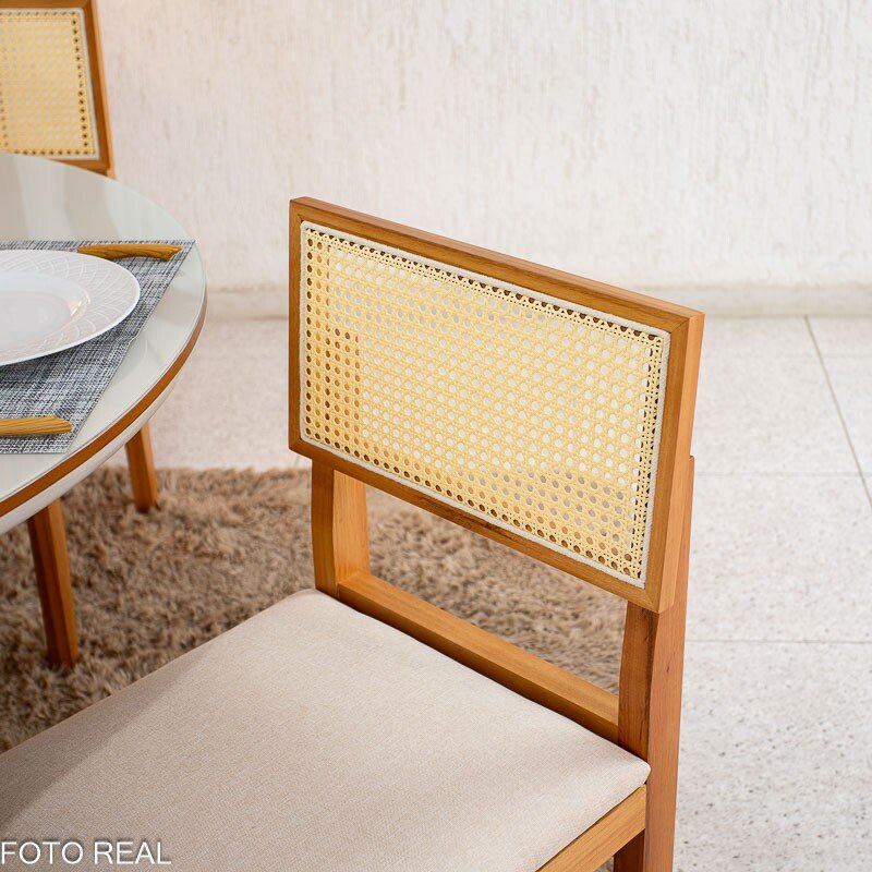 Mesa de Jantar Atlanta Redonda 120cm Cinamomo/Vidro Off 4 Cad. Santorini Linho Bege Madeira Maciça - Minas Plac - Imagem 6
