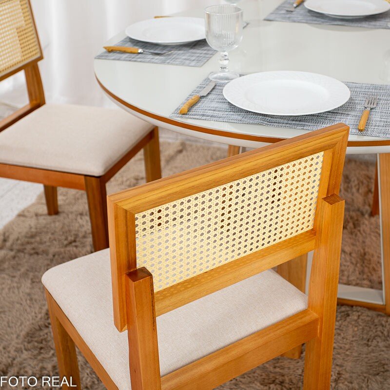 Mesa de Jantar Atlanta Redonda 120cm Cinamomo/Vidro Off 4 Cad. Santorini Linho Bege Madeira Maciça - Minas Plac - Imagem 7