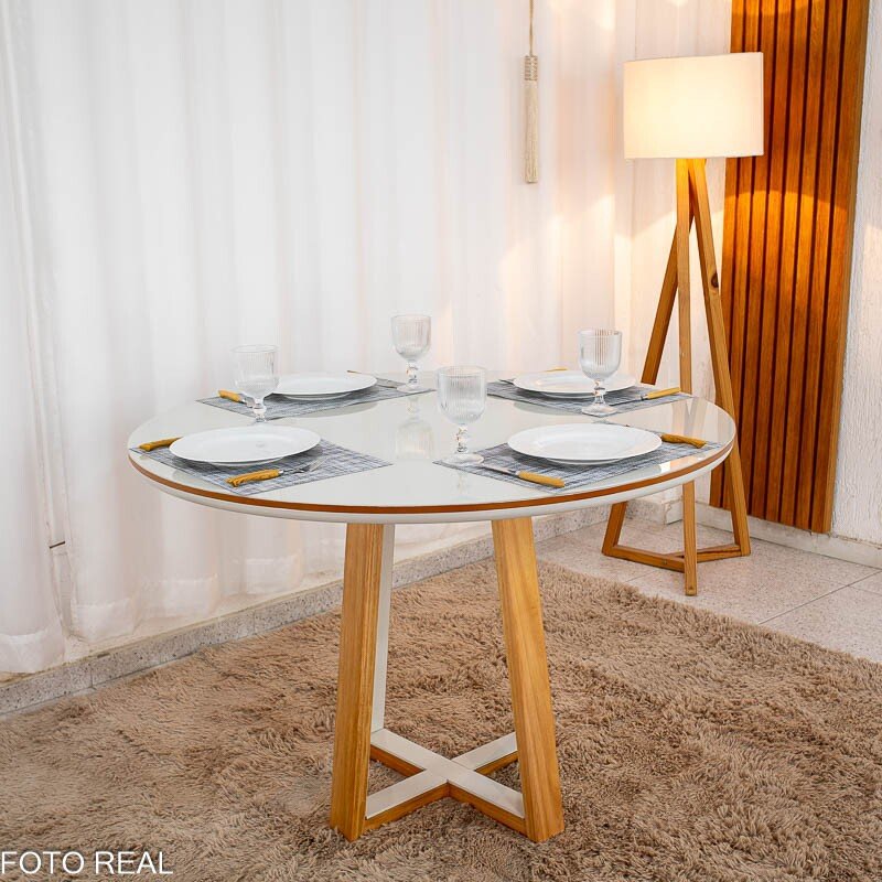 Mesa de Jantar Atlanta Redonda 120cm Cinamomo/Vidro Off 4 Cad. Santorini Linho Bege Madeira Maciça - Minas Plac - Imagem 9