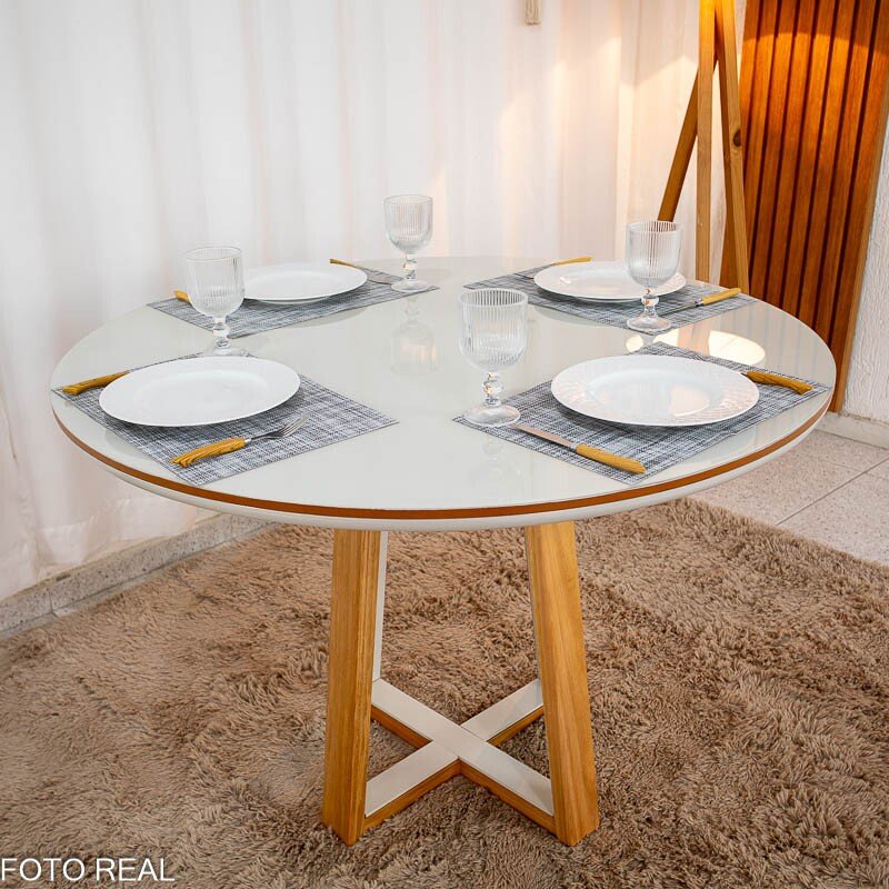 Mesa de Jantar Atlanta Redonda 120cm Cinamomo/Vidro Off 4 Cad. Santorini Linho Bege Madeira Maciça - Minas Plac - Imagem 10