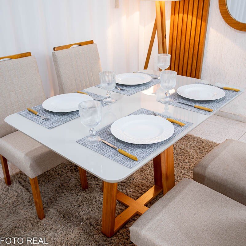 Mesa de Jantar Bali 120×80 Vidro Off/Base Madeira + 4 Cad. Atlanta Linho Bege Cru Madeira Minas Plac - Entregue Montada - Imagem 2