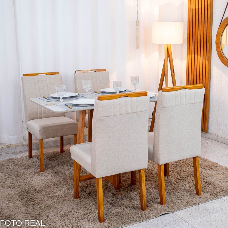 Mesa de Jantar Bali 120×80 Vidro Off/Base Madeira + 4 Cad. Atlanta Linho Bege Cru Madeira Minas Plac - Entregue Montada - Imagem 6