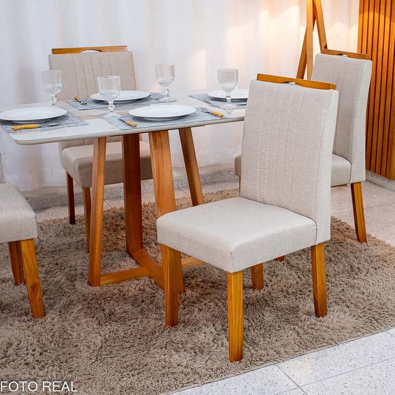 Mesa de Jantar Bali 120×80 Vidro Off/Base Madeira + 4 Cad. Atlanta Linho Bege Cru Madeira Minas Plac - Entregue Montada - Imagem 4