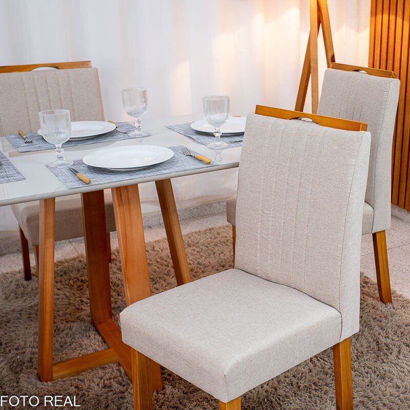 Mesa de Jantar Bali 120×80 Vidro Off/Base Madeira + 4 Cad. Atlanta Linho Bege Cru Madeira Minas Plac - Entregue Montada - Imagem 5