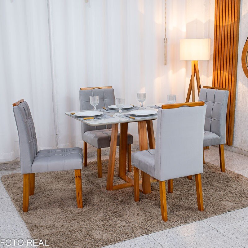 Mesa de Jantar Bali 120×80 Vidro Off/Base Madeira + 4 Cad. Londres Veludo Prata Madeira Minas Plac - Entregue Montada